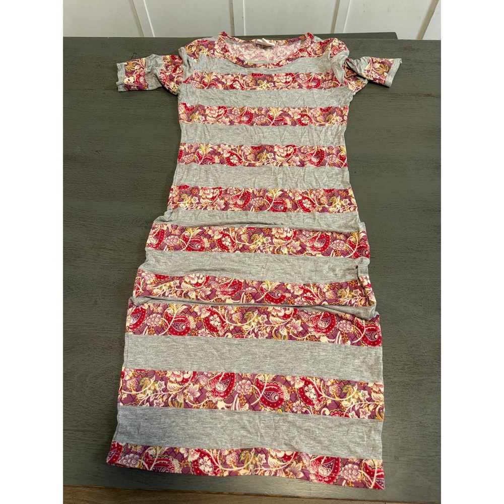 LuLaRoe Julia Dress XXS Gray Floral Paisley Striped Short Sleeve Sheath Midi